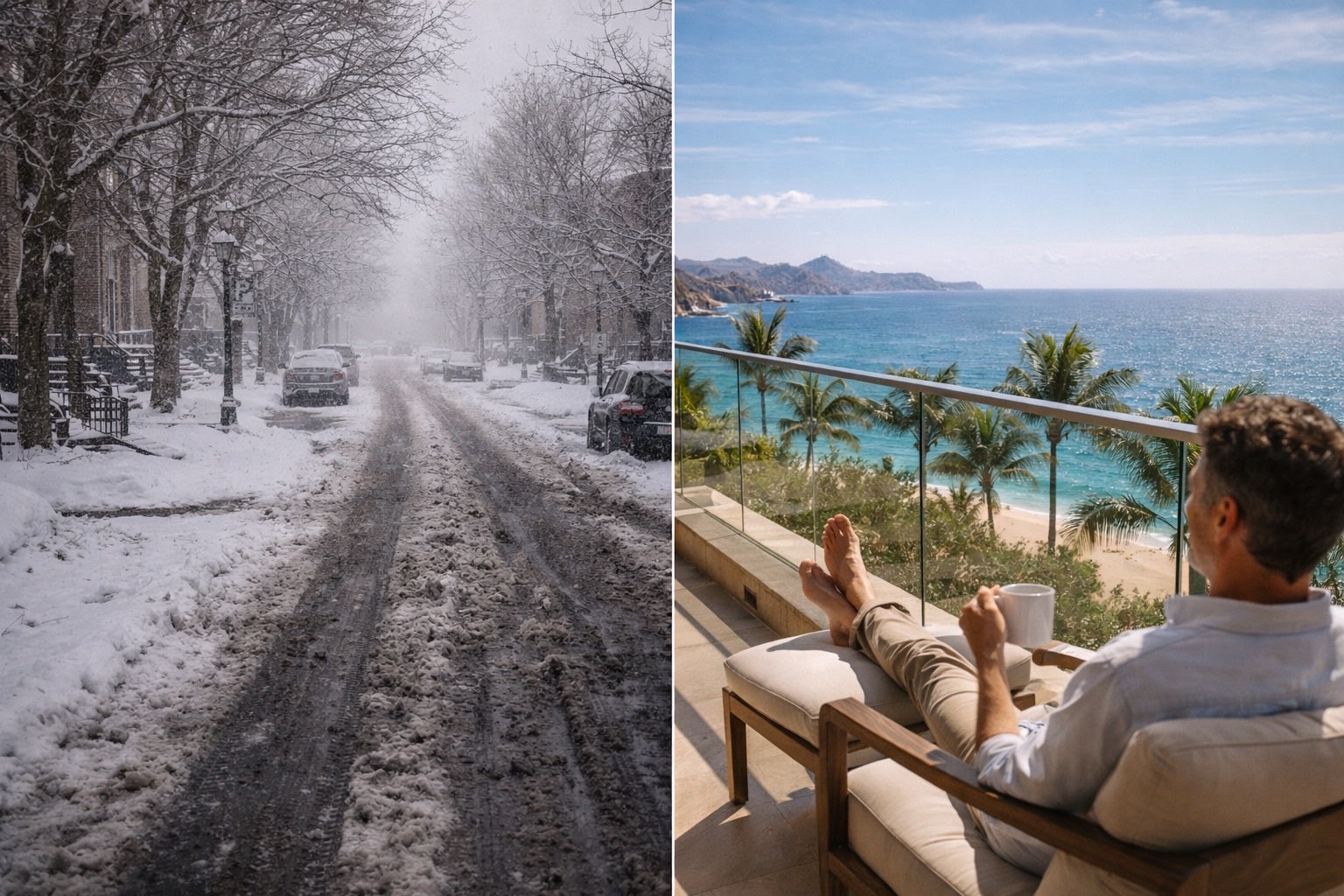 Split comparison — snowy Canadian winter versus sunny Cabo San Lucas balcony